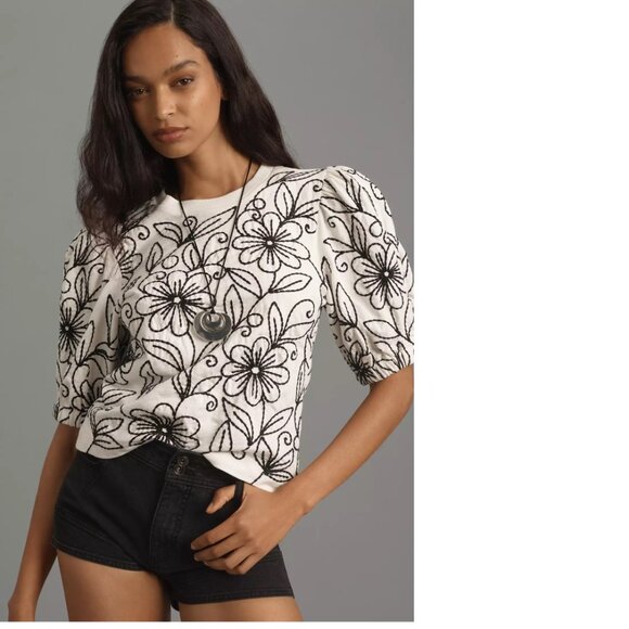 Anthropologie Tops - Anthropologie Maeve Puff-Sleeve Embroidered Pullover nwt NEW XSP PXS white
